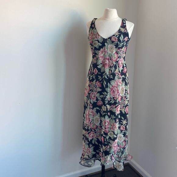 VINTAGE Positive Attitude Midi Dress Womens Sz 12 Black Floral Print Romantic - Picture 1 of 5